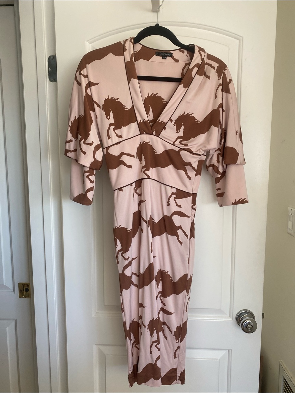 VTG Alvin Valley Equestrian Horse Print Midi Dress Thick Silk Size 2/34 RARE